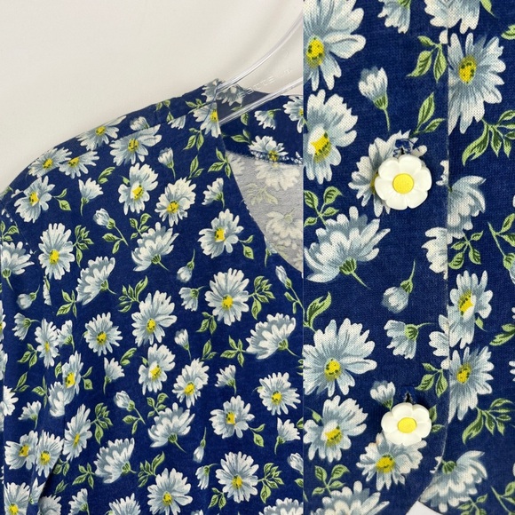Vintage 80s En Chante Blue and Yellow Daisies Floral Cropped Blouse/Top - Picture 7 of 8